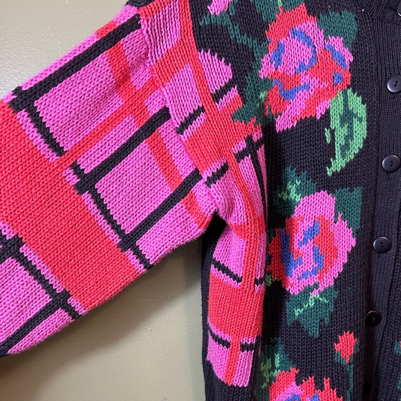 Vintage 80s/90s Funky Floral Knit button down Sweater - size large Gallagher - Picture 3 of 9